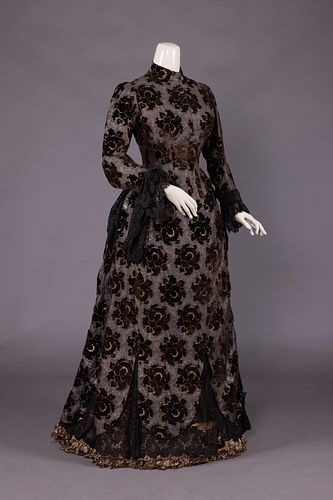 CUT VELVET & PATTERNED SILK DAY DRESS,  c. 1885