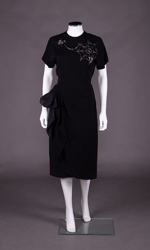 SPIDER & WEB BEAD EMBROIDERED DRESS, EARLY 1940s