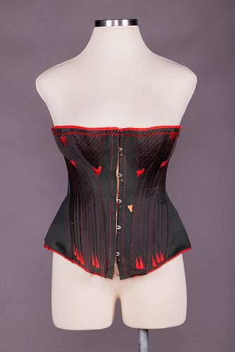 BLACK COTTON SATEEN EMBROIDERED CORSET, c.1890
