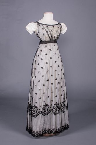 LACE RUN EMBROIDERED NET OVERDRESS, c. 1820