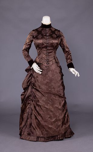 PATTERNED SILK BUSTLE DRESS, c. 1886