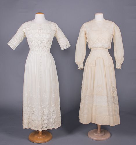 TWO EMBROIDERED OR LACE TEA DRESSES, LATE 1900s
