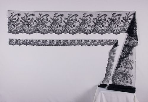 TWO MATCHING LENGTHS CHANTILLY LACE FLOUNCE YARDAGE, 1850-1860s