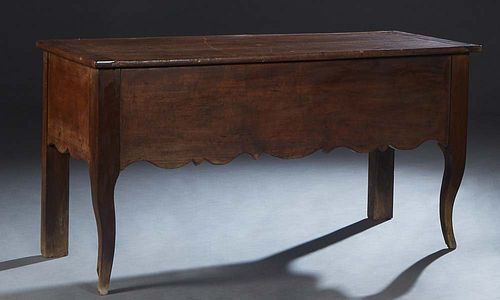 French Provincial Louis XV Style Carved Walnut Dough Box, 19th c., the lifting lid over scalloped sides, on large tapered square cabriole legs, H.- 30