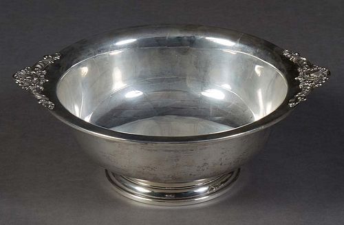 English Sterling Center Bowl, 20th c., Sheffield, with relief shell handles, with a maker's mark of "GH," # 94539, H.- 4 in., W.- 11 3/8 in., D.- 9 5/