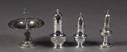 Four Pieces of Sterling, 20th c., consisting of a salt shaker, #22665, an English Sterling sugar shaker, a large Tiffany sugar shaker, #3173, with rep