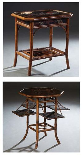 Two Anglo Chinese Bamboo Lacquered Octagonal Side Tables, one with a long frieze drawer above a lacquered bottom shelf; the second with four drop down