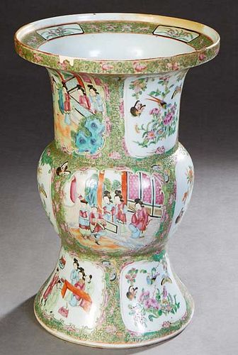 Unusual Chinese Famille Rose Porcelain Vase, 19th c., the everted rim over a tapering neck with reserves of interior scenes, and birds, butterflies an