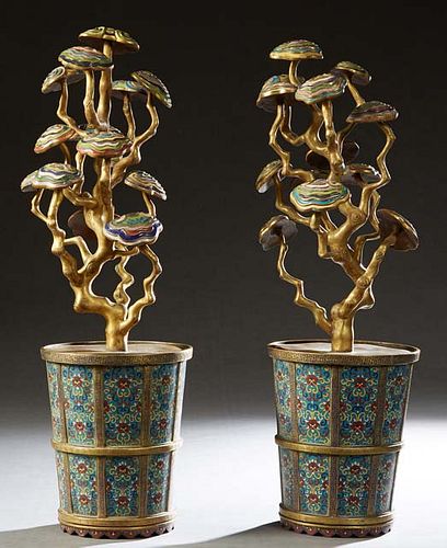 A Rare Pair of Imperial Cloisonne and Enamel Lingzhi Fungus Jardinieres, the underside with the raised Qianlong mark, the lids removable for use as ja