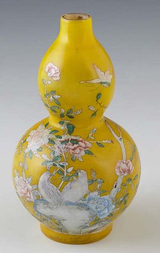 Chinese Double Gourd Glass Vase, 19th c., with bird and floral decoration on a yellow ground, signed with a chop mark on the underside, presented in a