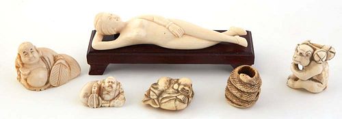Group of Six Chinese Carved Ivory Figures, 20th c., consisting of a medicine lady; a coiled snake netsuke, a reclining hotei with a leaf fan netsuke ,