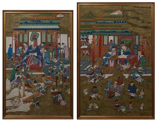Pair of Chinese Watercolors on Silk Depicting "The Ten Courts of Hell," possibly "The Second Court of Hell with Yama: King Chujiang" and "The Ninth Co