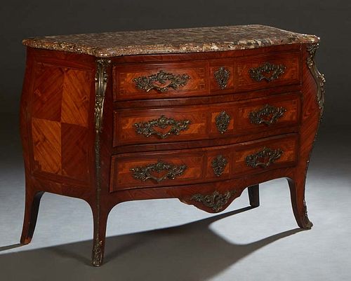 French Louis XV Style Inlaid Carved Cherry Ormolu Mounted Bombe Marble Top Commode, late 19th c., the thick serpentine Breche d'Alpes marble over thre