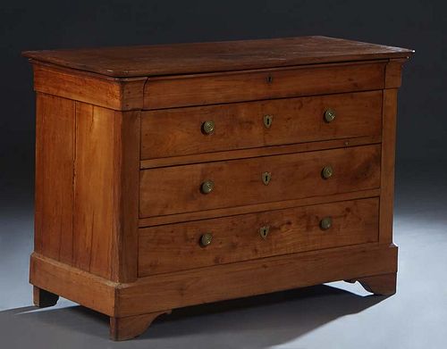 French Louis Philippe Style Carved Walnut Commode, 19th c., the rounded corner top over a cavetto frieze drawer and three deep drawers, on a plinth ba