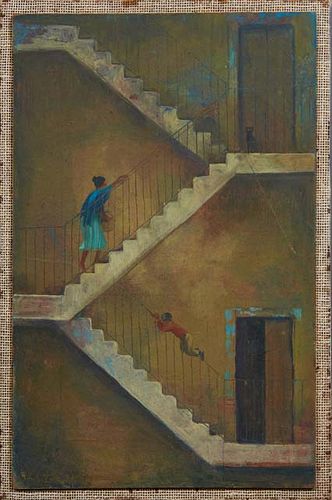 George Frederick Castleden (1861-1945, New Orleans/ England), "Climbing the Stairs in the Courtyard," 20th c., oil on board, signed lower left, now mo