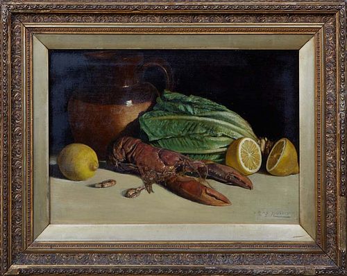 H. J. H. Marin (American), "Still Life with Lobster," 1896, oil on canvas, signed indistinctly and dated lower right, presented in a gilt frame, H.- 1