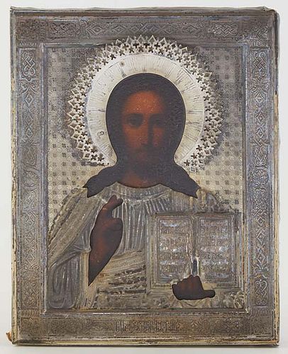 Russian Icon of Christ Pantocrator, the silver oklad with a maker's mark of "M.B.," and an assay mark of "AC," and 1895, H.- 8 5/8 in., W.- 7 in., D.-