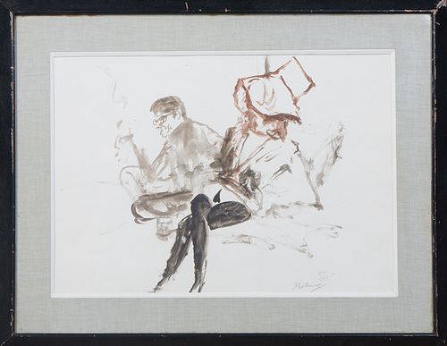Noel Rockmore (1928-1995, New Orleans), "Portrait of Rockmore with a Seated Woman," 1965, watercolor on paper, signed and dated in pencil lower right,