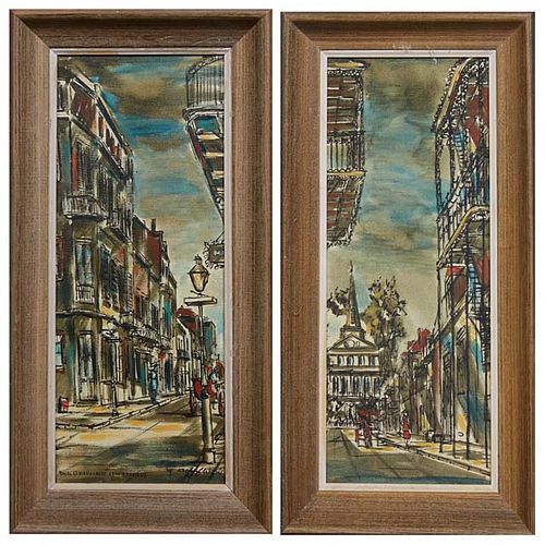 Franz Weiss (1903-1982, New Orleans/Germany), "Royal Street Vieux Carre New Orleans," and "View of Saint Louis Cathedral New Orleans," 20th c., pair o