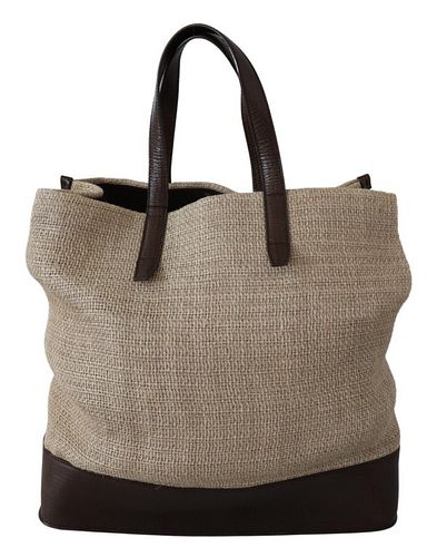 BROWN LEATHER HAND TOTE SHOPPING BEIGE BAG