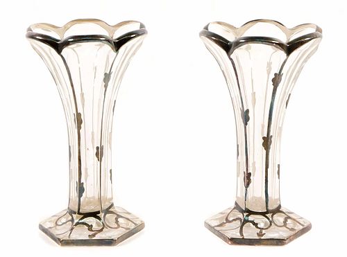 Pair, Sterling Overlay Glass Paneled Vases