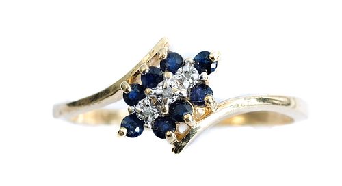 14k Yellow Gold Diamond & Sapphire Ring, Size 8