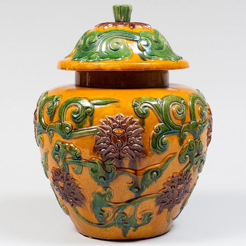 Chinese Ochre and Green Glazed Earthenware Covered Ginger Jar