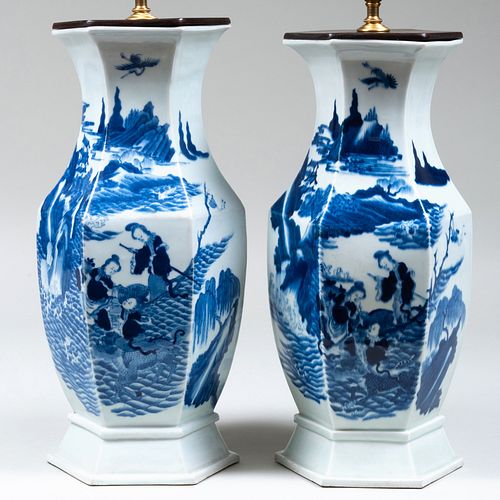 Pair of Chinese Blue and White Porcelain Faceted Baluster Vases Mounted as Lamps