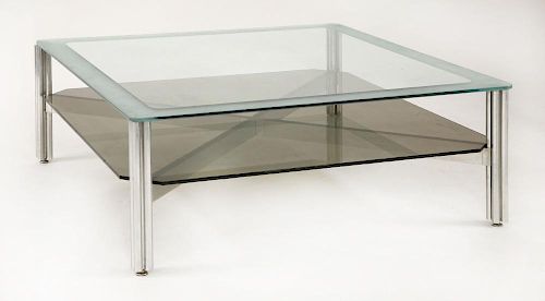 An aluminium and glass coffee table,<BR>after a design by George Ciancimino, with a clear and silver