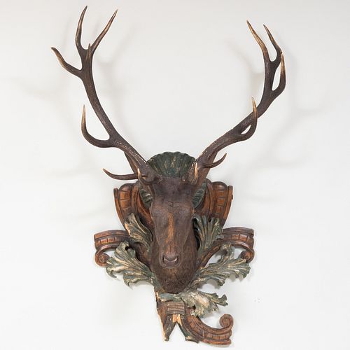 Carved, Painted Wood and Horn Deer Trophy 