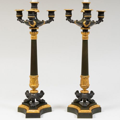 Pair of Louis Phillippe Patinated Bronze and Parcel-Gilt Four-Light Candlesticks Mounted as Lamps