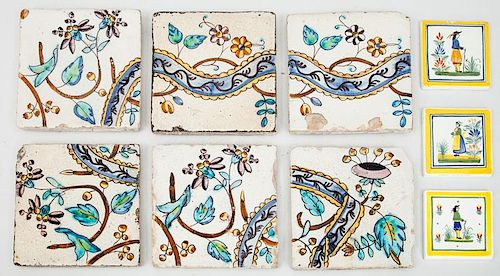 Six Large Portuguese Floral-Decorated Glazed Pottery Tile and Three Henriot Quimper Tiles
