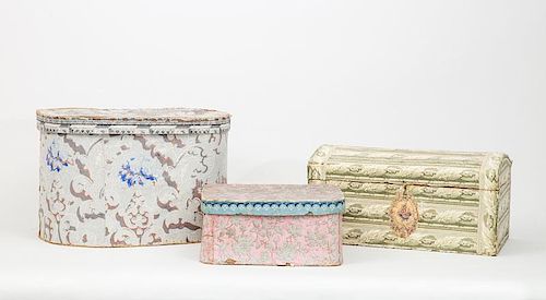French Wall-Paper Covered Board Oval Box and Associated Cover, a Rectangular Box and a Paper-Covered Wood Box with Dome Cover