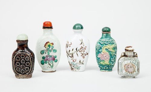 Four Chinese Ceramic Snuff Bottles and an Engraved Mother-of-Pearl Bottle