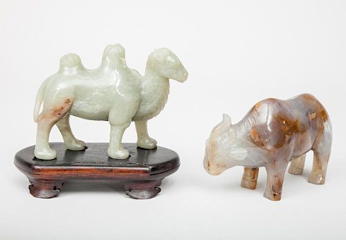 Chinese Carved Jade Figure of a Camel and a Carved Agate Figure of an Ox