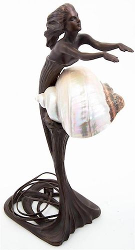 * An Art Nouveau Cast Metal Nautilus Figural Lamp, Height 22 1/2 inches.