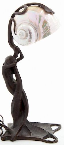 * An Art Nouveau Cast Metal Nautilus Figural Lamp, Height 17 inches.