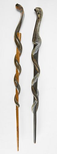 Two Folk Art Carved Snake Canes