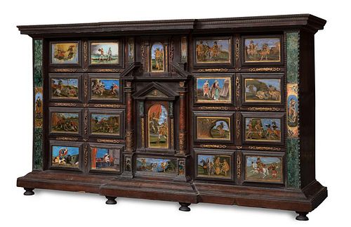 Important Neapolitan Cabinet in rosewood marquetry, tortoiseshell and painted glass, Italian school from the end of the 17th century