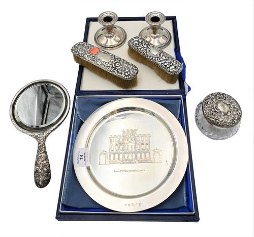 Silver Lot, to include Lord Powerscourt House plate, Gorham repousse mirror and brush set; along with a pair of candlesticks; 10.3 t.oz. weighable. Pr