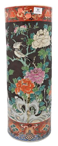 Chinese Porcelain Umbrella Stand, 20th century, cylindrical form, enameled to depict birds among peony boughs, height 24 inches. Provenance: An estate