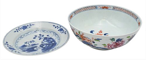 Two Piece Lot, to include a Chinese Export bowl, diameter 9 1/4 inches; and a blue and white dish.