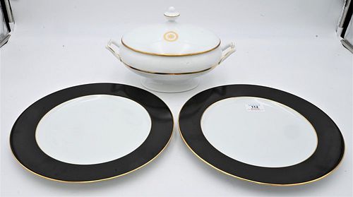 17 Piece Bernardaud Limoge Set, to include 12 service plates Madison Platine Noir, serving pieces Sparte, 2 covered tureens, platter, bowl, along with