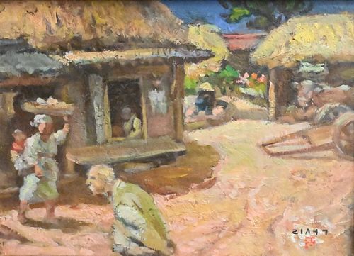 Chinese Farm Town with People, oil on canvas, signed lower right and on back, 9 3/4" x 13".
