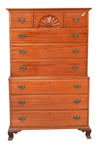 Margolis Mahogany Chippendale Style Chest on Chest, in two parts, signed Margolis on back, height 62 inches, width 36 inches.