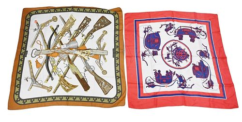 Two Hermes Silk Scarves, to include Diane, Paris silk scarf; along with a red, white and blue horse and carriage, 32" x 32". Provenance: Collections o