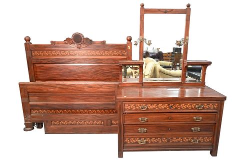 Attributed to Herter Brothers Aesthetic Two Piece Mahogany Bedroom Set, to include high back bed with sunflower crest and row of inlaid flowers, heigh