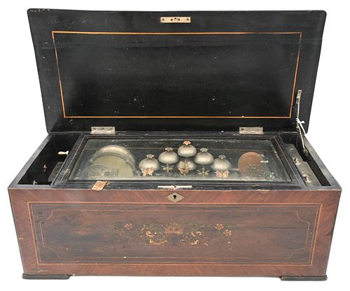 Swiss 8 Airs Music Box, having 15 1/4 inch cylinder, drum bells, castanets in sight in inlaid rosewood case.