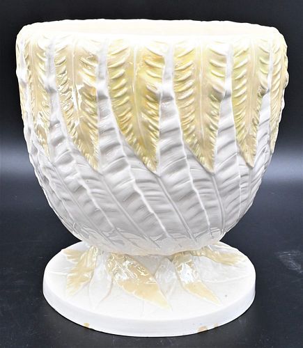 Large Belleek Fern Pattern Jardiniere or Pot, having black mark on bottom, height 9 3/4 inches. Provenance: Collections of Norma Reilly, New Jersey.
