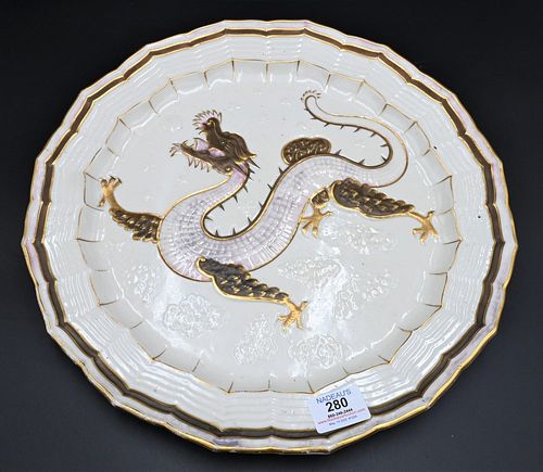 Belleek Dragon Serving Plate, painted pink, brown, and gold dragon, black mark on bottom, diameter 15 inches. Provenance: Collections of Norma Reilly,